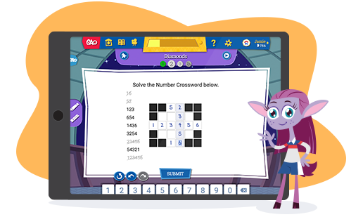 Tablet showing Beast Academy online puzzle with BA character teacher Fiona